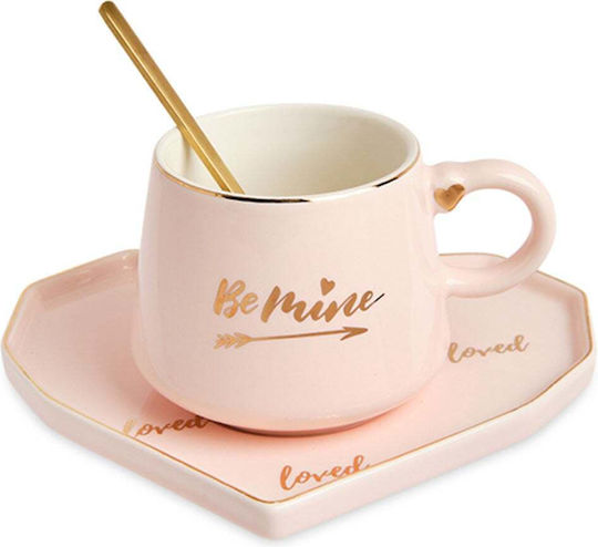 Ceramic Mug Heart-shaped Plate Pufo Be Mine Spoon Coffee Tea 180 Ml Pink
