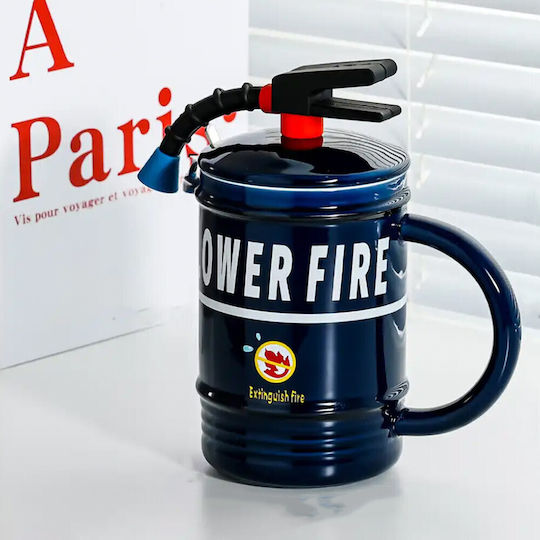 Ceramic Mug Lid Pufo Stop Fire Spoon Coffee Tea 400 Ml Blue