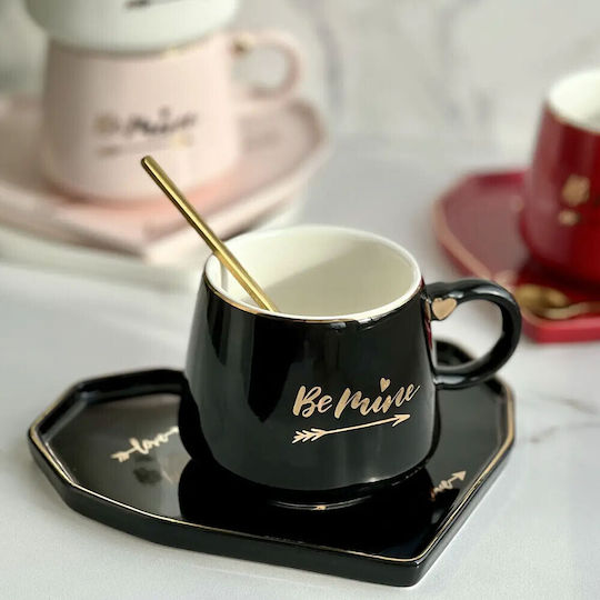 Ceramic Mug Heart-shaped Plate Pufo Be Mine Spoon Coffee Tea 180 Ml Black