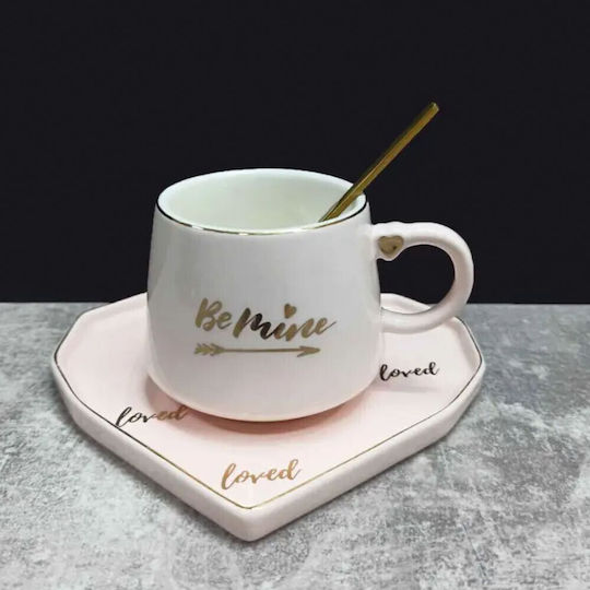 Ceramic Mug Heart-shaped Plate Pufo Be Mine Spoon Coffee Tea 180 Ml Pink