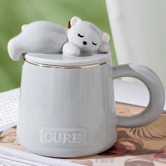 Ceramic Mug Lid Spoon Pufo Sleepy Bear Coffee Tea 320 Ml Gray Ceramic Mug Lid Spoon Pufo Sleepy Bear Coffee Tea 320 Ml Gray