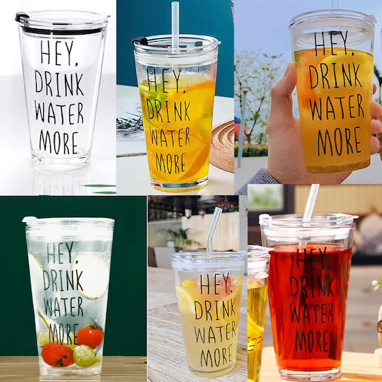 Transparent Glass Mug Pufo Drink Water Coffee Lid 450 Ml Transparent Glass Mug Pufo Drink Water Coffee Lid 450 Ml