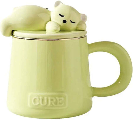 Keramiktasse mit Deckel Löffel Pufo Sleepy Bear Kaffee Tee 320 ml Grünes