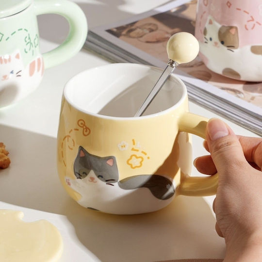 Ceramic Mug Lid Spoon Pufo Happy Kitty Coffee Tea 350 Ml Yellow Ceramic Mug Lid Spoon Pufo Happy Kitty Coffee Tea 350 Ml Yellow