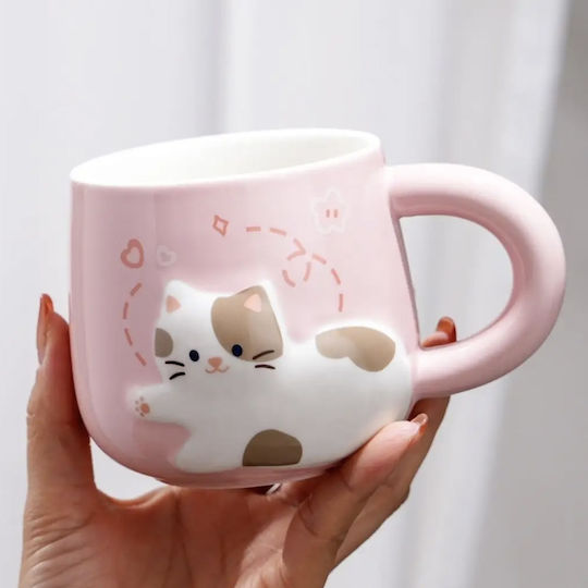 Ceramic Mug With Lid Spoon Pufo Happy Kitty Coffee Tea 350 ml Pink