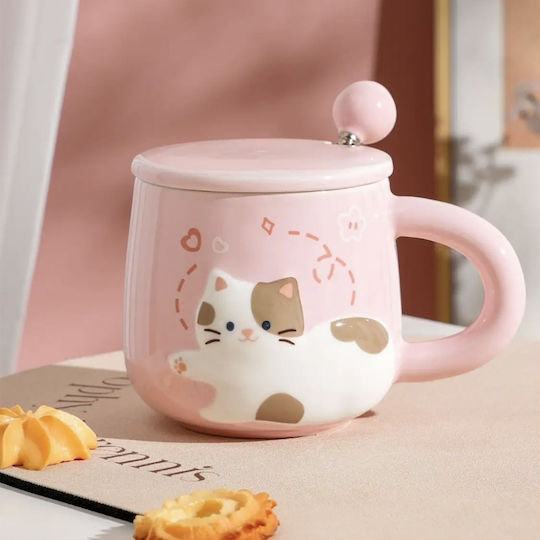 Ceramic Mug With Lid Spoon Pufo Happy Kitty Coffee Tea 350 ml Pink