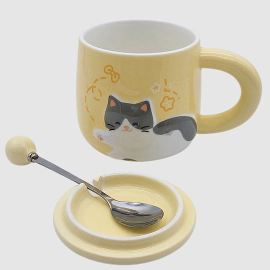 Ceramic Mug Lid Spoon Pufo Happy Kitty Coffee Tea 350 Ml Yellow