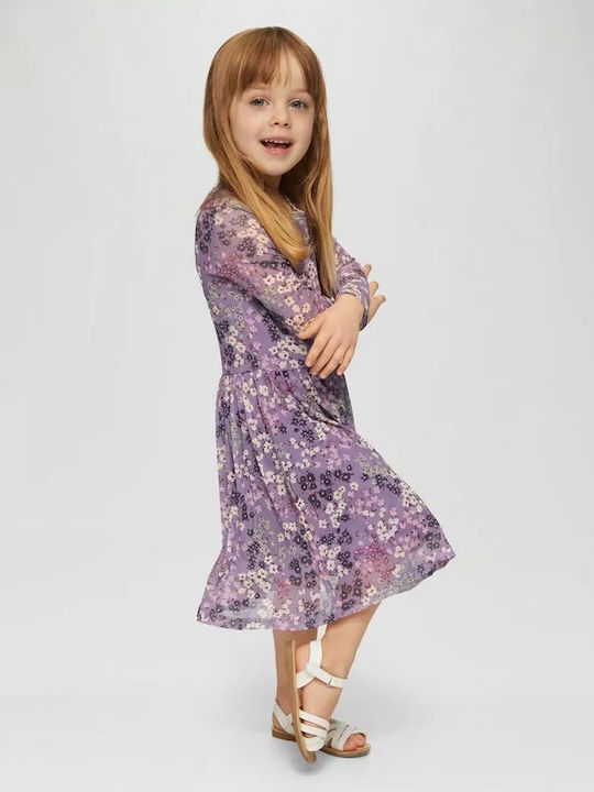 Girls Dress Long Sleeve Tulle Floral Purple