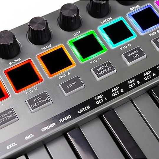 Rockjam Go 25-клавишен USB и Bluetooth MIDI клавиатурен контролер с 8 подсветени барабанни падове и 8 копчета