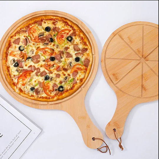 Round Bamboo Wood Serving Platter Handle Food Appetizers Pizza 43 X 30 Cm Brown