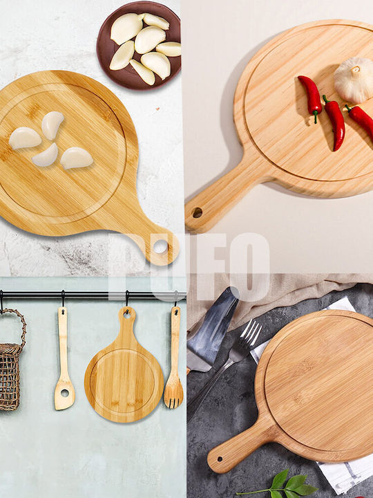 Round Bamboo Wooden Serving Platter with Handle for Food Appetizers and Pizza 38 cm Brown
