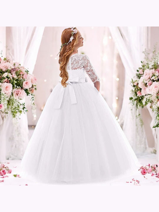 Rochie Fete Mânecă Lungă Din Tulle Pentru Domnișoarele De Onoare Florale Set Cu Accesorii Alb