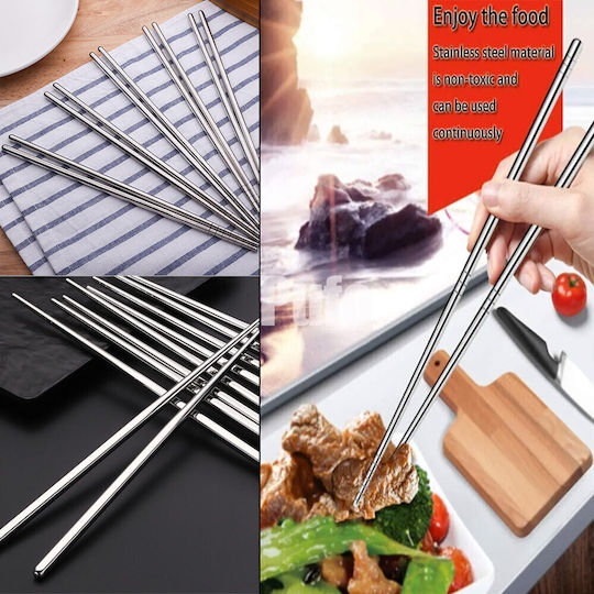 Set 5 Pairs Fluffy Metal Chopsticks Made Steel Sushi 22 Cm Silver