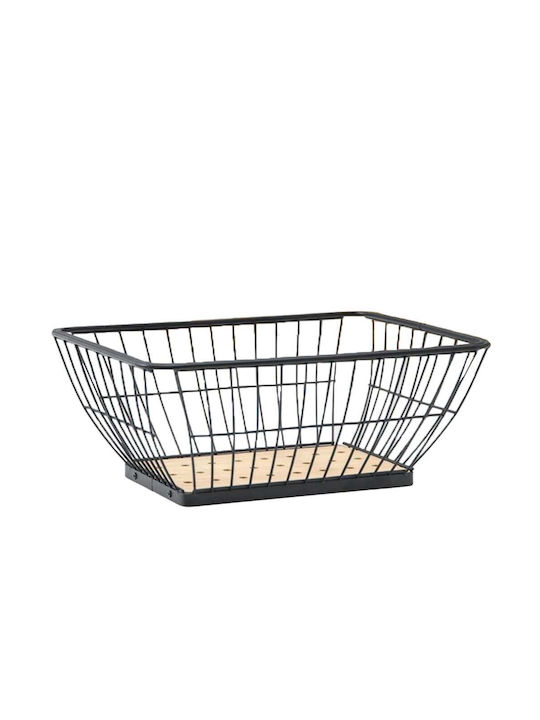 Bol de Fructe Metalic cu Bază din Bambus, Rectangular 28 x 22.5 cm Negru