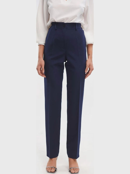 Damen Hoch tailliert Stoff Hose mit Gummizug in Geradem Schnitt Blue