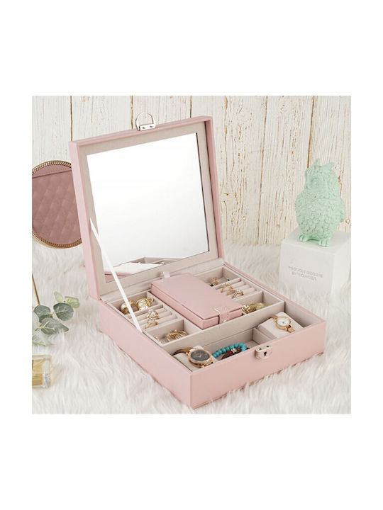 Pink Travel Jewellery Box with Mirror 25x25cm