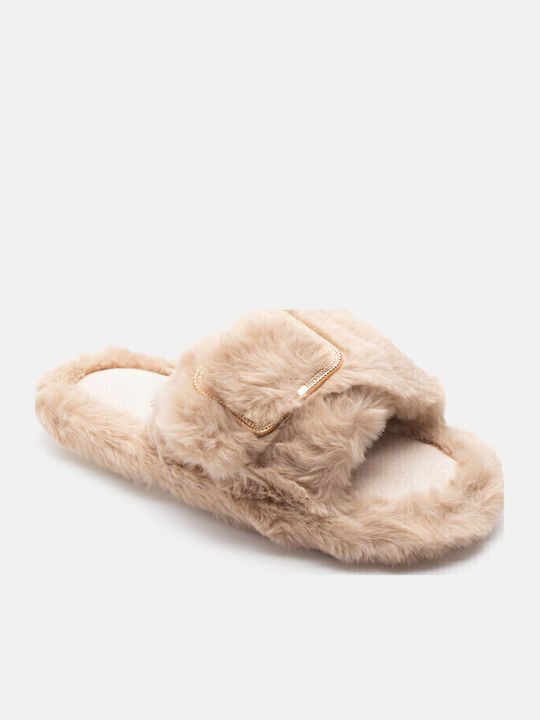 Winter Women's Slippers with Fur Beige