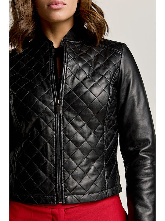 Women's Short Lifestyle Leather Jacket for Winter Black