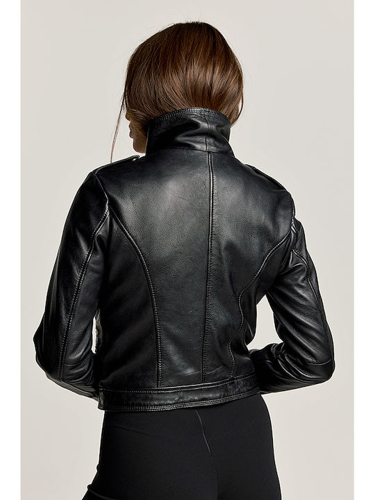 Women's Short Lifestyle Leather Jacket for Winter Black