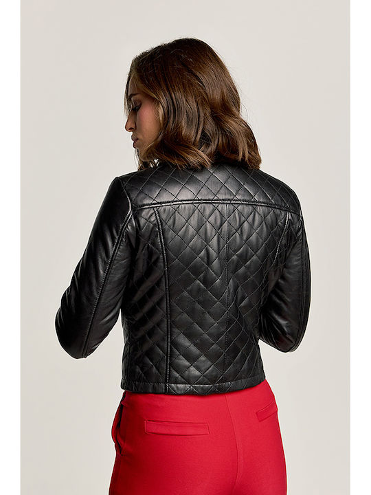 Women's Short Lifestyle Leather Jacket for Winter Black