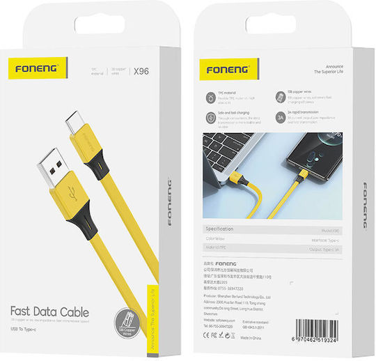 Foneng Regular USB 2.0 Cablu USB-C bărbătesc - USB-A Galben 1m