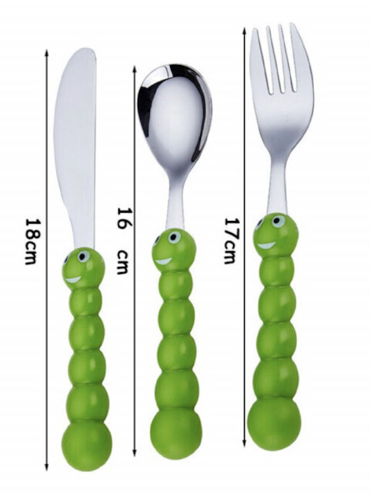Cute Puff Kids Cutlery Set 3 Pieces Stainless Steel Green