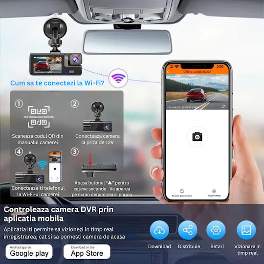 Full Hd 1080p Dashboard Triple Camera Visionhub Wifi Adjustable G-sensor Mobile App Night Vision Loop Recording 170° Wide Angle 2.0 Inch Ips Screen Dvr Front Camera