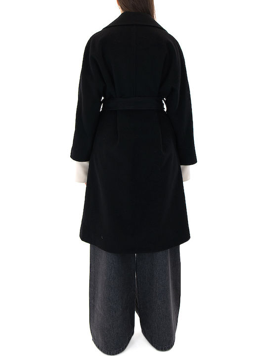 Μάλλινο Γυναικείο Μαύρο (Black) Παλτό Oversized με Κουμπιά