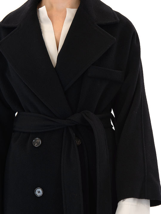 Μάλλινο Γυναικείο Μαύρο (Black) Παλτό Oversized με Κουμπιά
