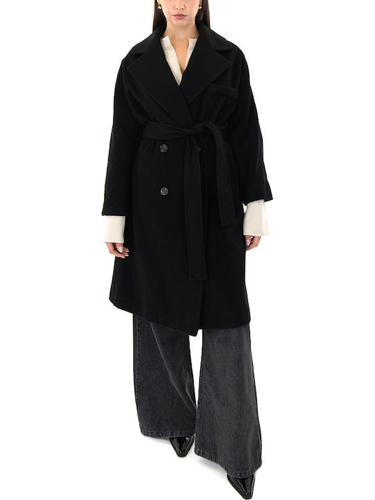 Μάλλινο Γυναικείο Μαύρο (Black) Παλτό Oversized με Κουμπιά