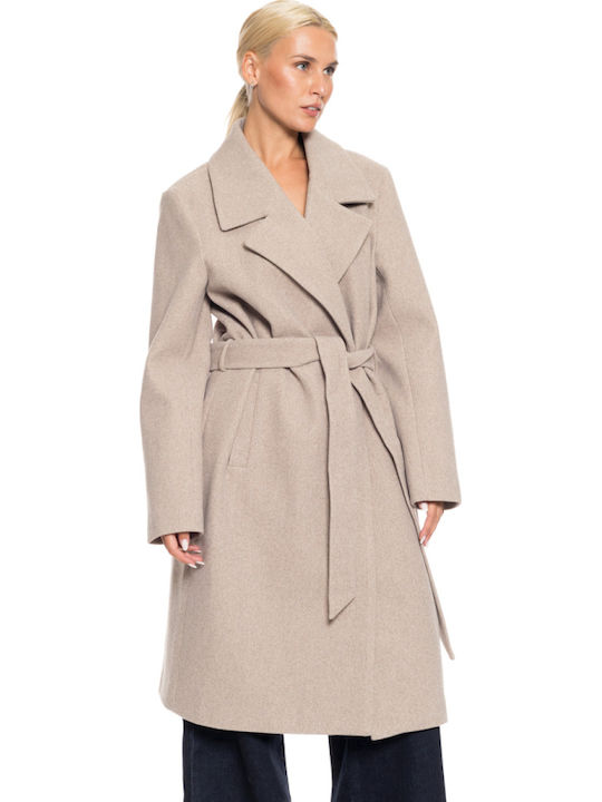 Wool Women's Beige Coat with Belt