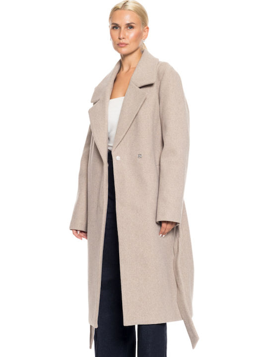 Wool Women's Beige Coat with Belt