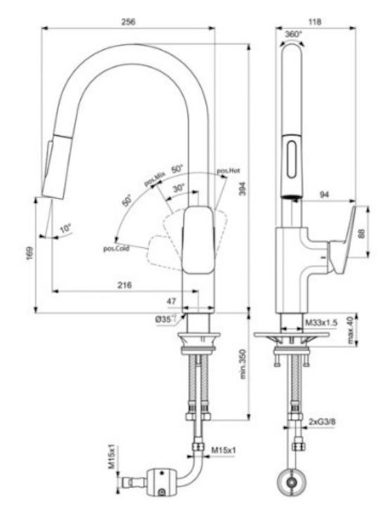 Ideal Standard Ceraplan Μπαταρία Κουζίνας Πάγκου Ασημί