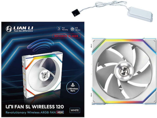 Lian Li UNIFAN SL Wireless Reverse Blade Case Fan 120mm (2000rpm / 64cfm) with RGB White Lighting