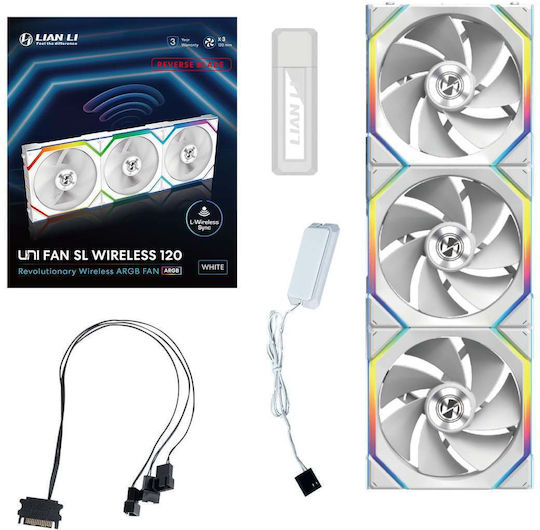 Lian Li UNIFAN SL Wireless Reverse Blade Case Fan 120mm (2000rpm / 64cfm) with RGB Lighting 3pcs White