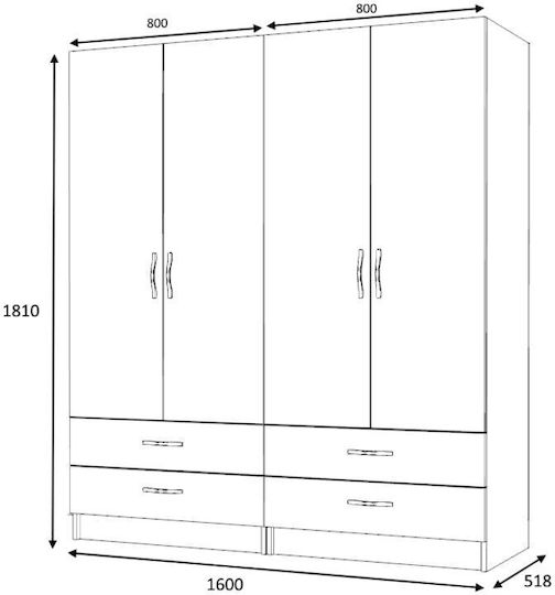 Ricardo Τετράφυλλη Ντουλάπα 160x51.8x181cm Φυσικό Οξιάς Ricardo Τετράφυλλη Ντουλάπα 160x51.8x181cm Φυσικό Οξιάς