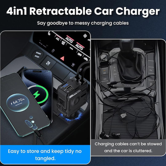 Auto-Ladegerät 66W 3A Schnellladung mit Anschlüssen: 1xUSB 1xType-C mit Kabel Typ-C,TC-TC / Blitzschlag Schwarz Farbe