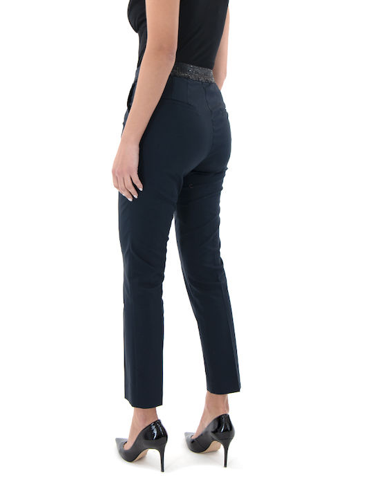 MY T Pants Women My T Wearables Women's High-waisted Cotton Capri Trousers with Elastic in Slim Fit Blue (dark Blue)