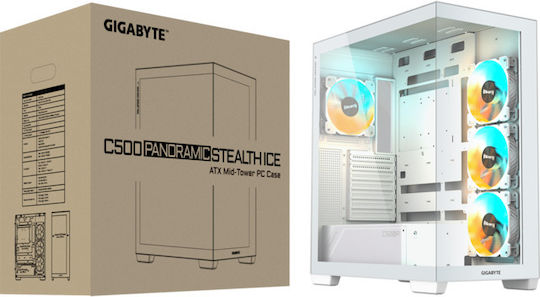 Gigabyte C500 Panoramic Gaming Midi Tower Computer Case with Side Window and RGB Lighting Ice