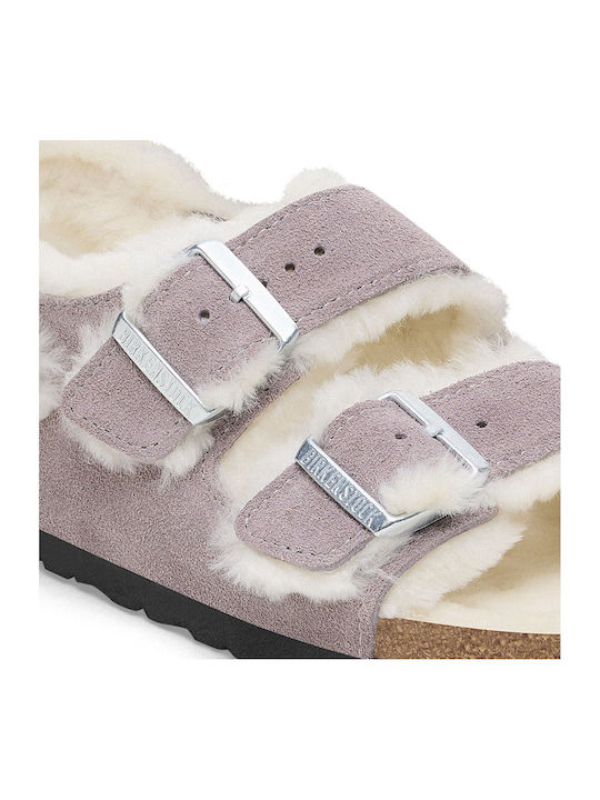 Suede Shearling Χειμερινές Γυναικείες Παντόφλες Μωβ
