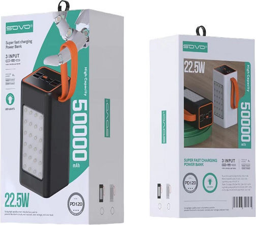 Sovo PD120 Power Bank 50000mAh 22.5W με 4 Θύρες USB-A και Θύρα USB-C Μαύρο