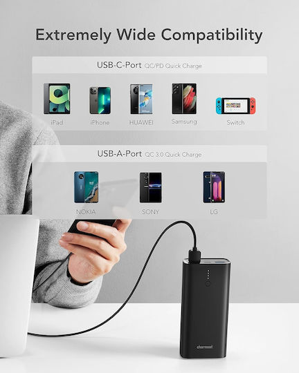 Charmast C1146L Power Bank 10000mAh 20W με 2 Θύρες USB-A και Θύρα USB-C Μαύρο