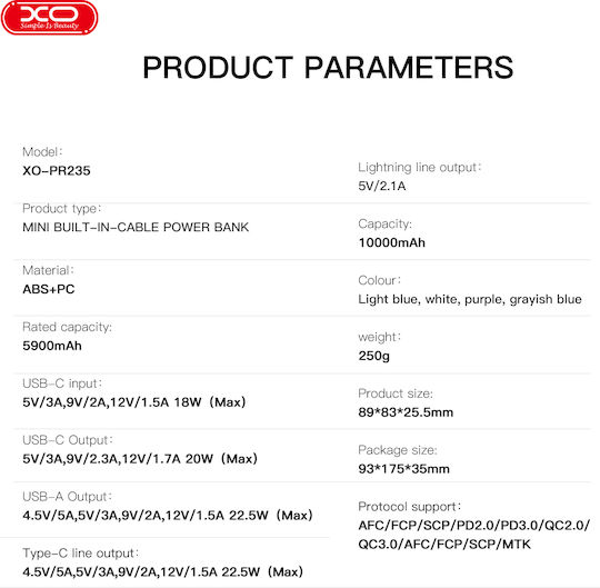 XO PR235 Power Bank 10000mAh 22.5W με Θύρα USB-A και Θύρα USB-C Quick Charge 2.0 Μπλε