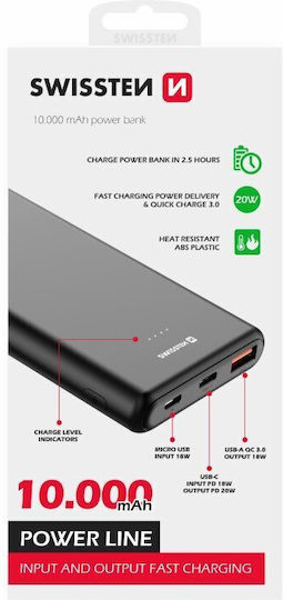 Swissten Power Bank 10000mAh 20W mit 2 USB-A Anschlüssen und USB-C Anschluss Stromlieferung / Schnellaufladung 3.0 Schwarz