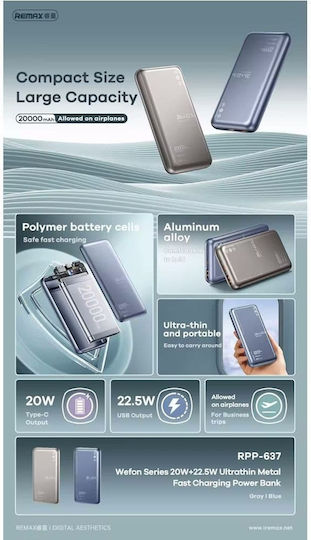 Remax RPP-637 Power Bank 20000mAh 18W with USB-A Port and USB-C Port Power Delivery Blue