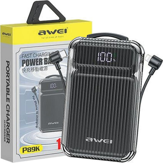 Awei P89K Power Bank 10000mAh 22.5W με Θύρα USB-A και Θύρα USB-C Μαύρο