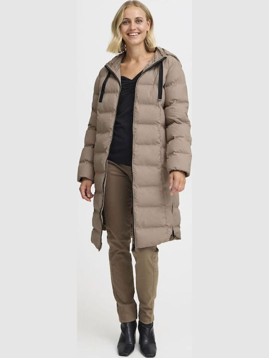 Women's Long Puffer Jacket for Winter with Hood Beige