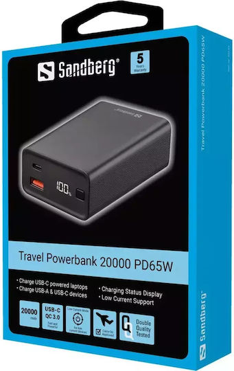 Sandberg Power Bank 20000mAh με Θύρα USB-A και Θύρα USB-C Μαύρο
