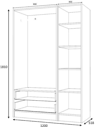 Ricardo Τρίφυλλη Ντουλάπα Ανθρακί 120x51.8x181cm