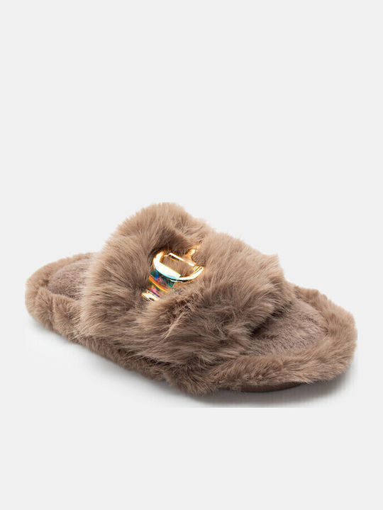 Winter Damen Hausschuhe mit Fell Braun
